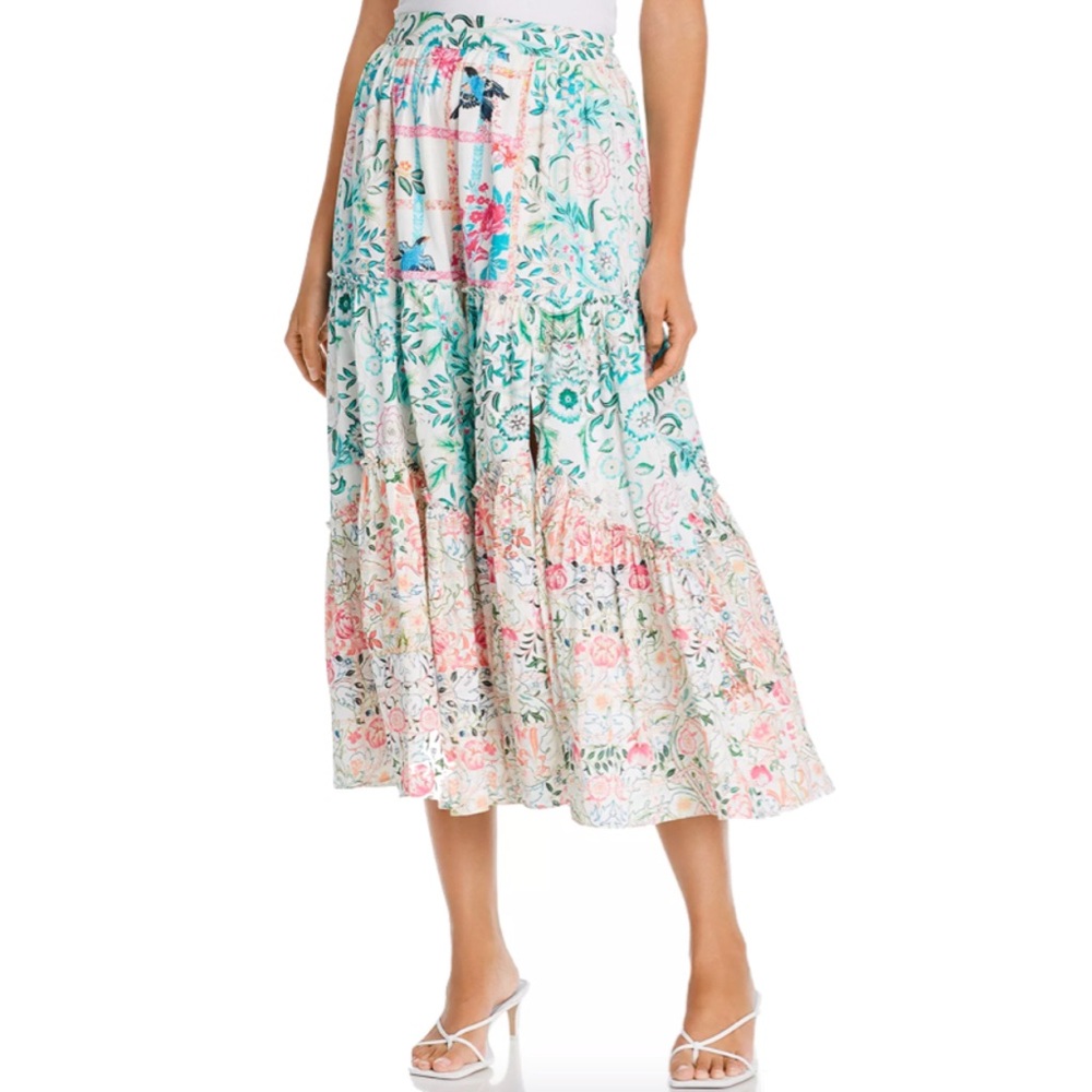 Hemant & Nandita Floral Tiered Boho Festival Midi Skirt in Multi-Color - Medium